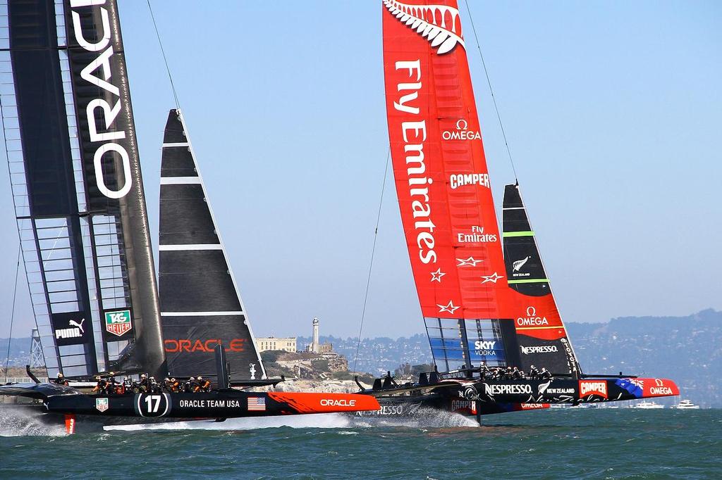 Oracle Team USA v Emirates Team New Zealand. America’s Cup Day 5 San Francisco. Emirates Team NZ leads on Leg 2 of Race 9 © Richard Gladwell www.photosport.co.nz